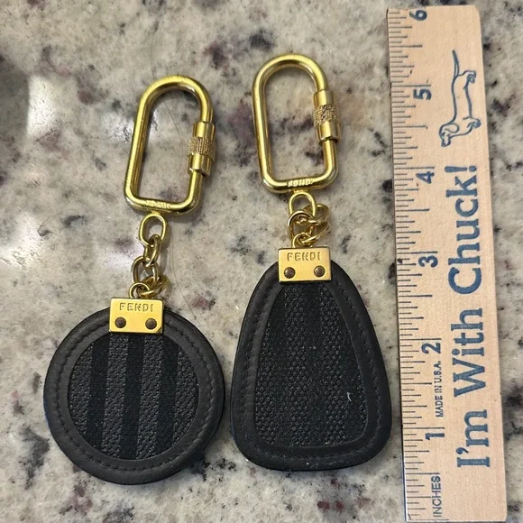 Fendi Black Leather Signature Keychain with Gold Accents Set of 2 - Picture 2 of 2